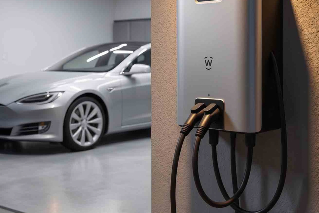Carregador de carro elétrico Wallbox instalado na garagem ao lado de veículo elétrico